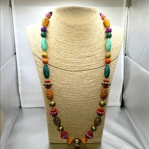 Mixed media beaded necklace multicolored tribal style earth tones festival boho
